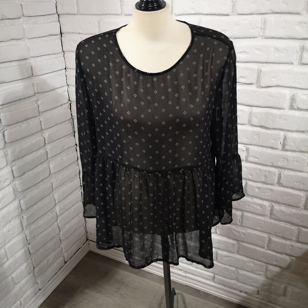 George Ladies Size XL Black w/ Grey & Purple Pattern Loose Fit Sheer Blouse